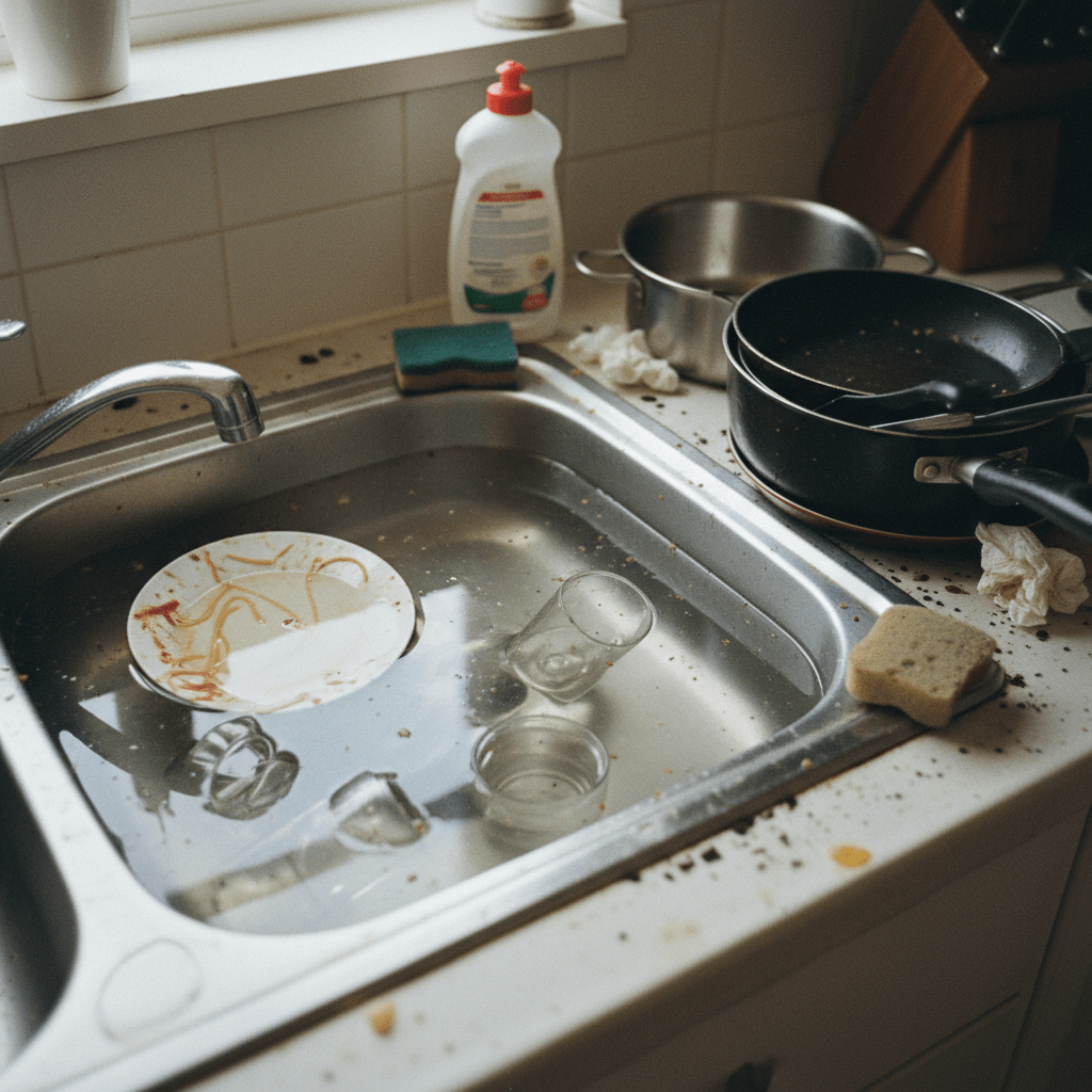 Nahaufnahme eines Küchenbeckens mit stehendem Wasser, daneben liegen Handschuhe und ein Pömpel