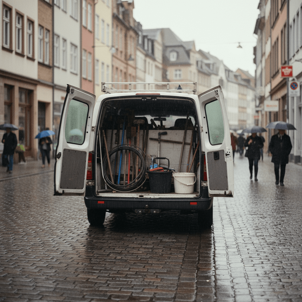Weißer Transporter mit Werkzeugkisten steht vor einem Altbau, ein Monteur trägt eine Reinigungsspirale zum Eingang